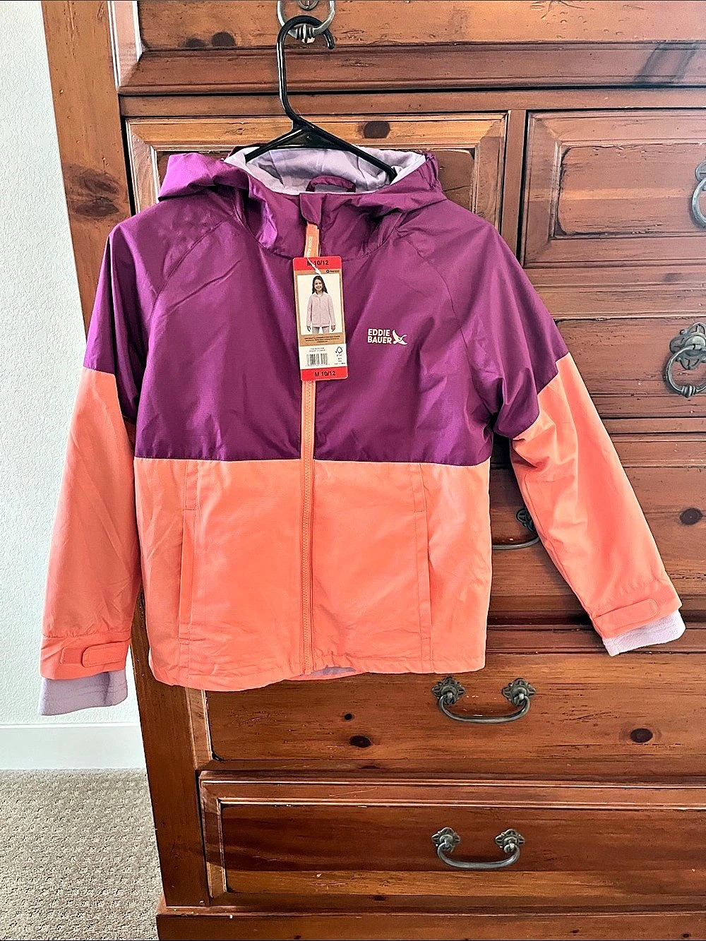 Eddie Bauer Girls Color Block Rain Jacket Purple & Orange Size Medium NWT